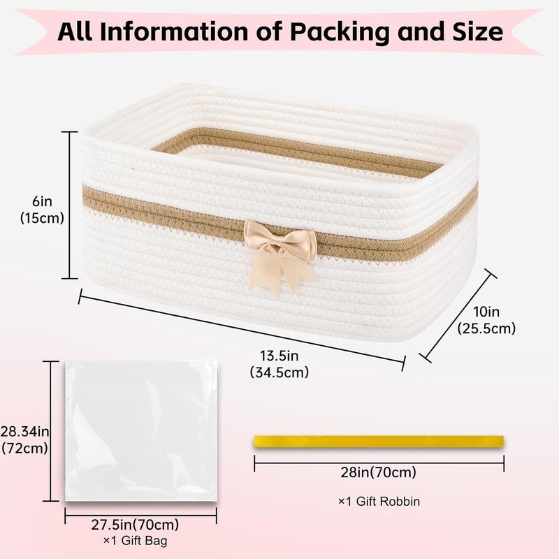 OIAHOMY Large Woven Storage Basket with Handles for Nursery Living Room Shelves, Bow Basket for Gifts Empty with Gift Bags and Ribbons for Baby Showers Pet Toy Bin - White - Image 2